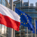 Digitally created editorial image showing the Polish flag alongside European Union flags outside a modern EU institutional building